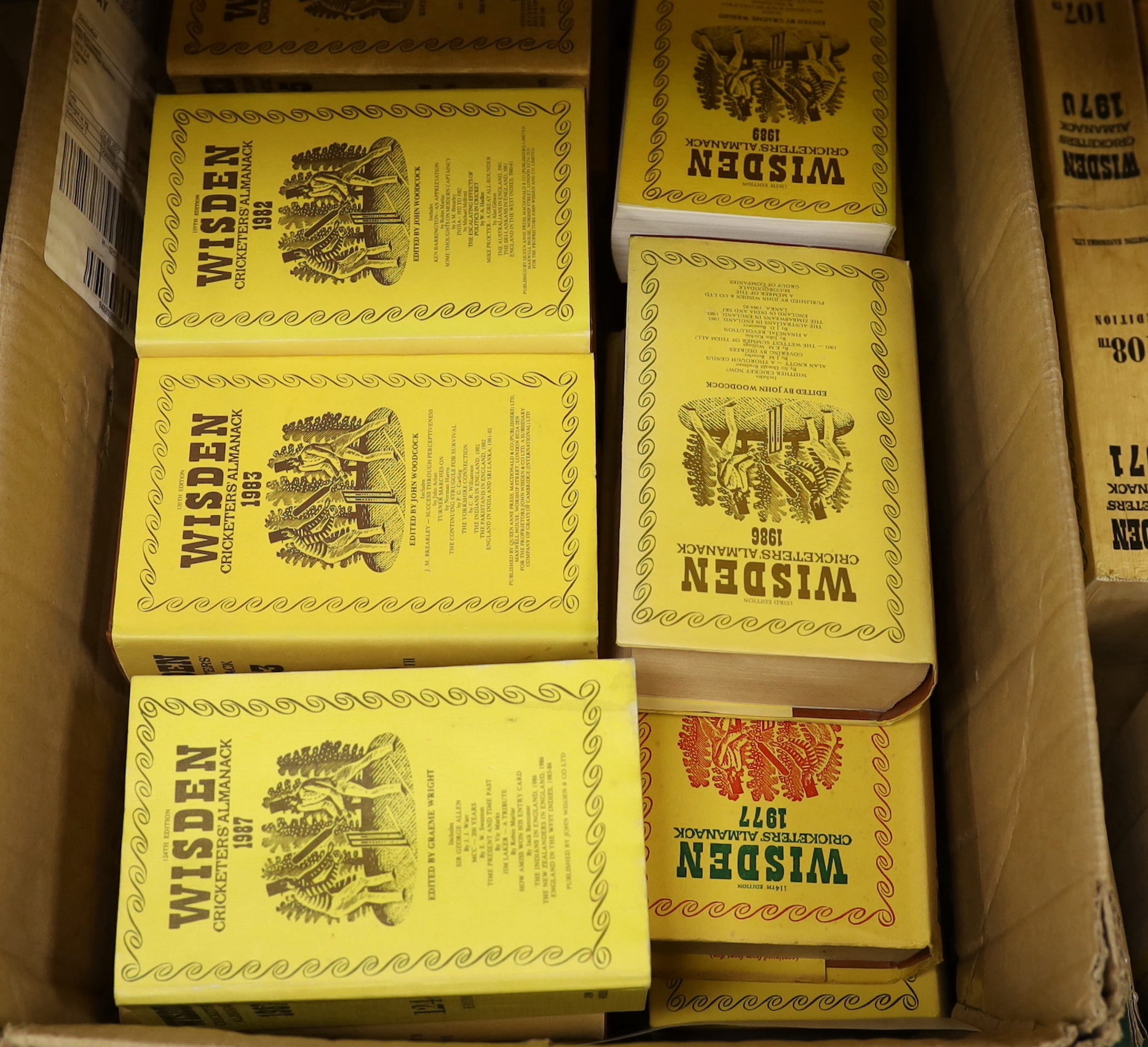 Wisden's Cricketers Almanack, some earlier volumes and a long post-war run, comprises: 1947-2005 (59 vols., limp cloth and cloth with d/wrapper bindings); and the following earlier years - 1911, 1912, 1914, 1920, 1924, 1